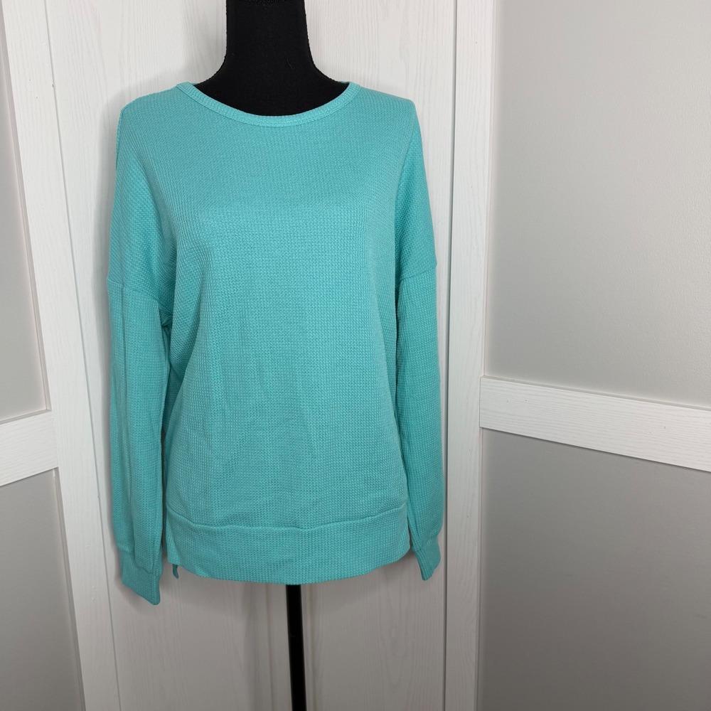 Kohl's Waffle Knit Top Women Large Blue Long Sleeve Stretch Side Slit